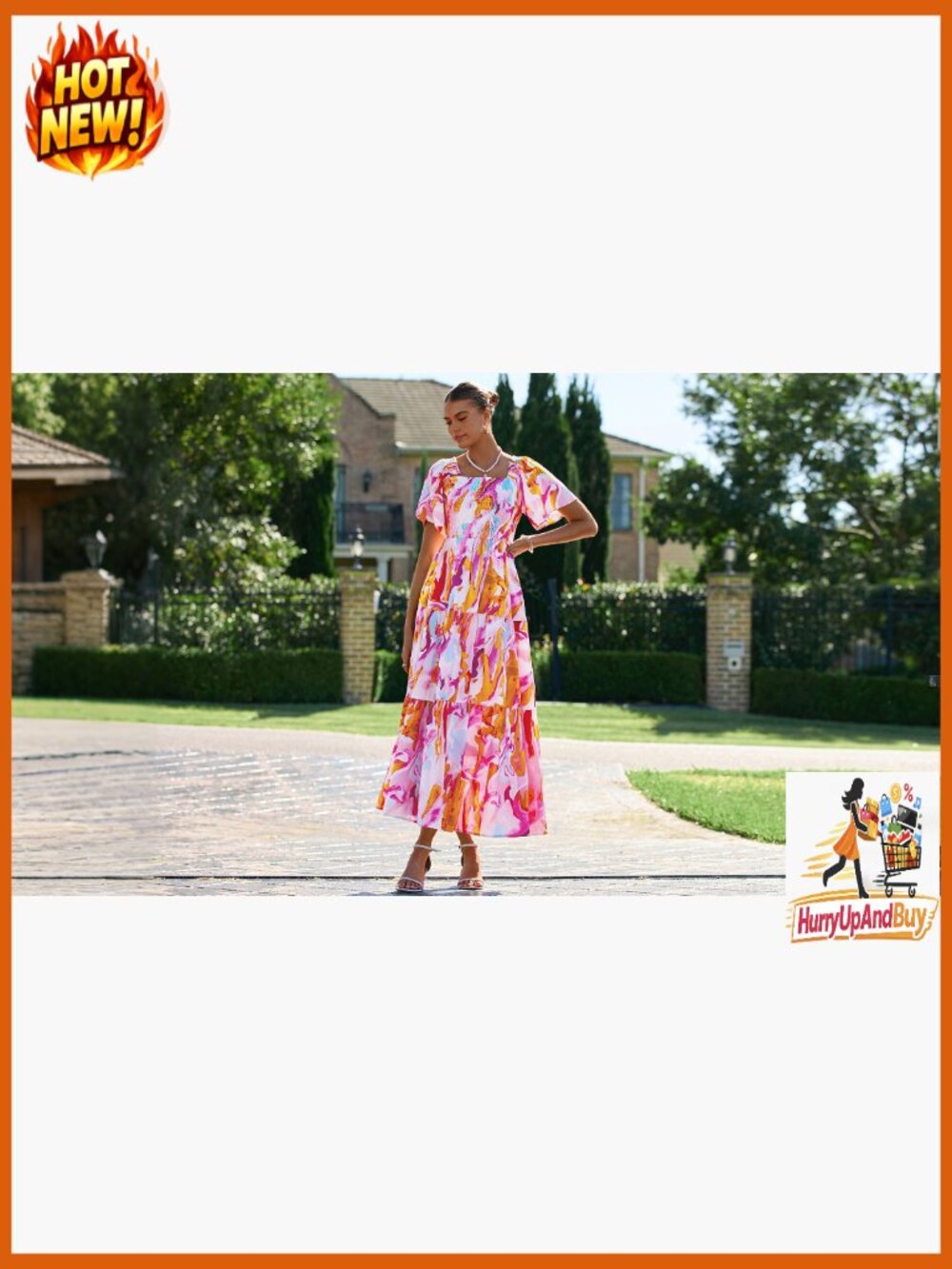 Boho Floral Maxi Dress Smocked Bust Square Neck Short Sleeve Casual Beach - Picture 7 of 7